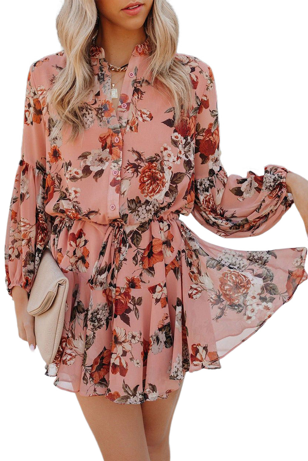 Pink Vintage Floral Print Drawstring Flowy Dress Mini Dresses JT's Designer Fashion