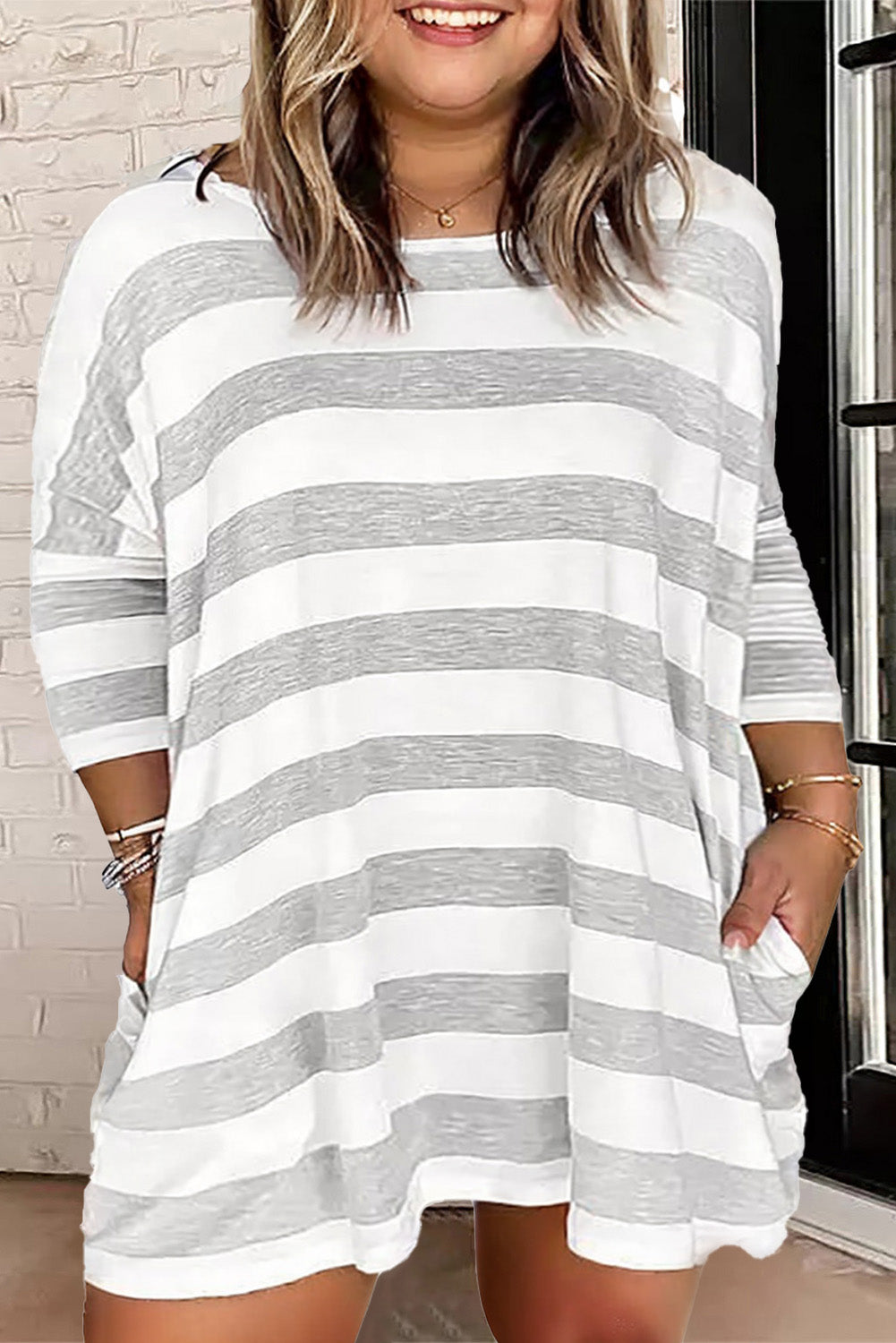 Stripes Plus Size Striped Bracelet Sleeve Pocketed Dress Plus Size JT's Designer Fashion