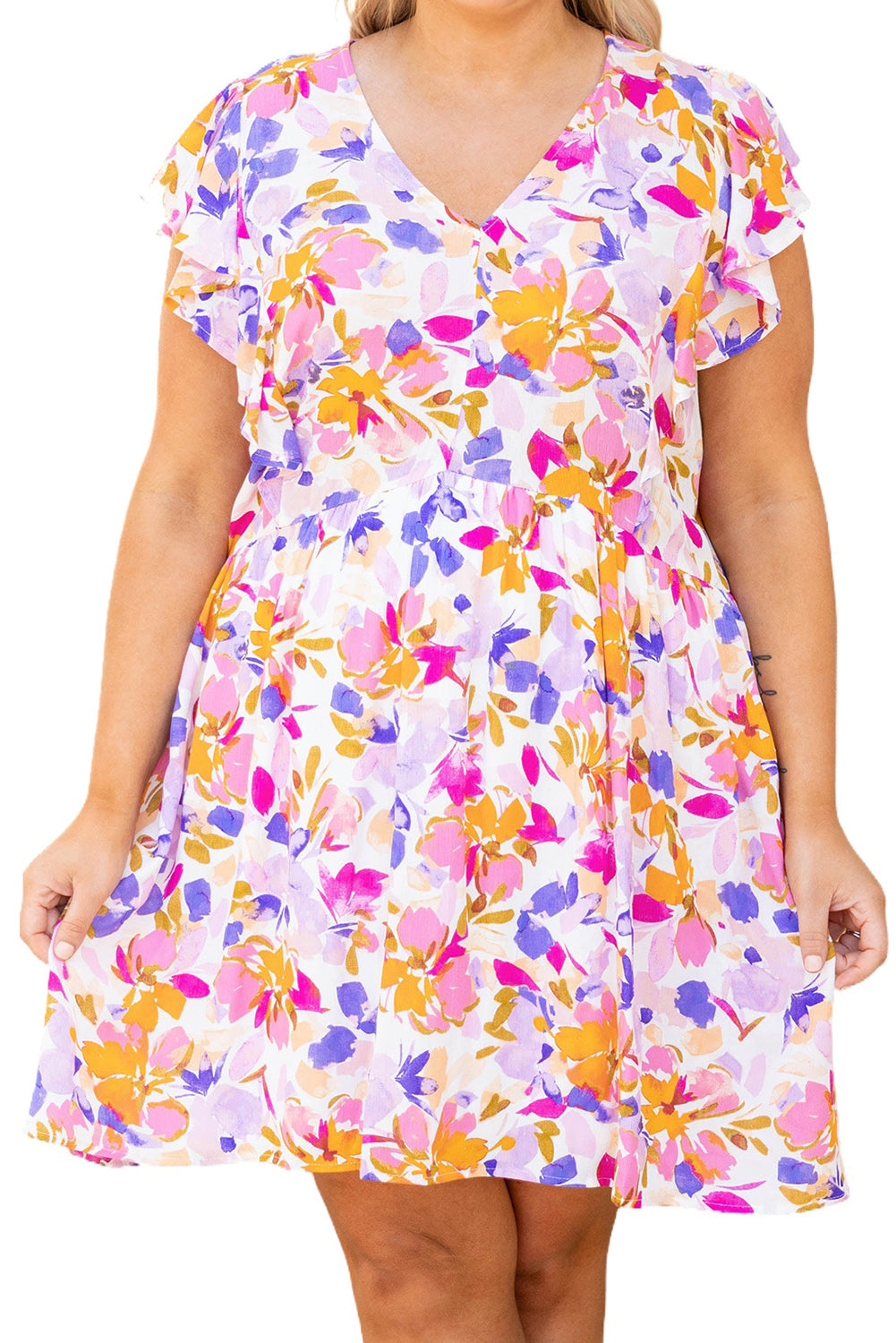 Multicolor Floral V-Neck Ruffled Sleeve Plus Size Dress Plus Size Dresses JT's Designer Fashion