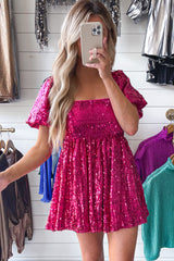 Rose Red Short Puff Sleeve Sequin Babydoll Romper Jumpsuits & Rompers JT's Designer Fashion