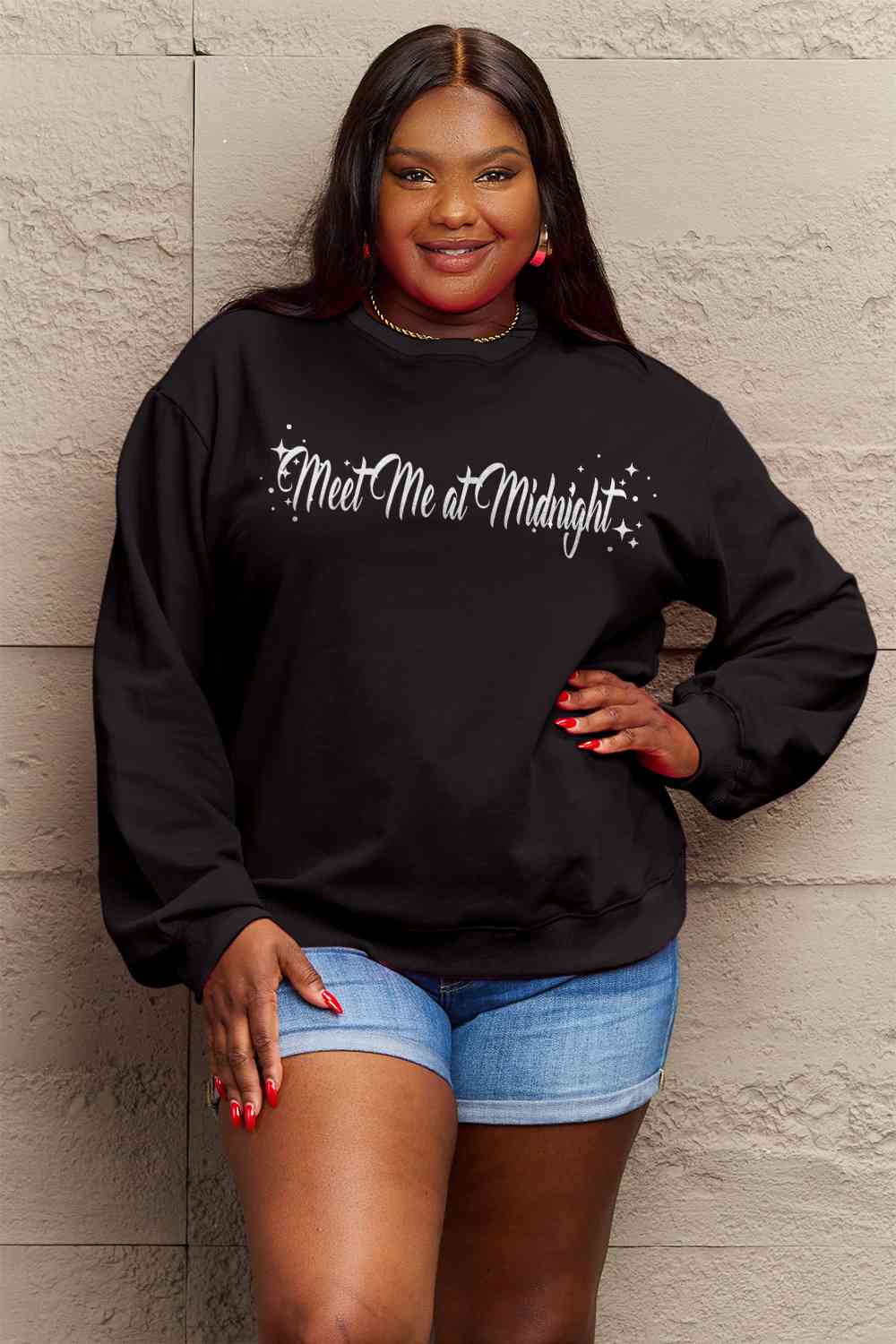 Simply Love Full Size MEET ME AT MIDNIGHT Graphic Round Neck Sweatshirt Graphic Sweatshirts JT's Designer Fashion