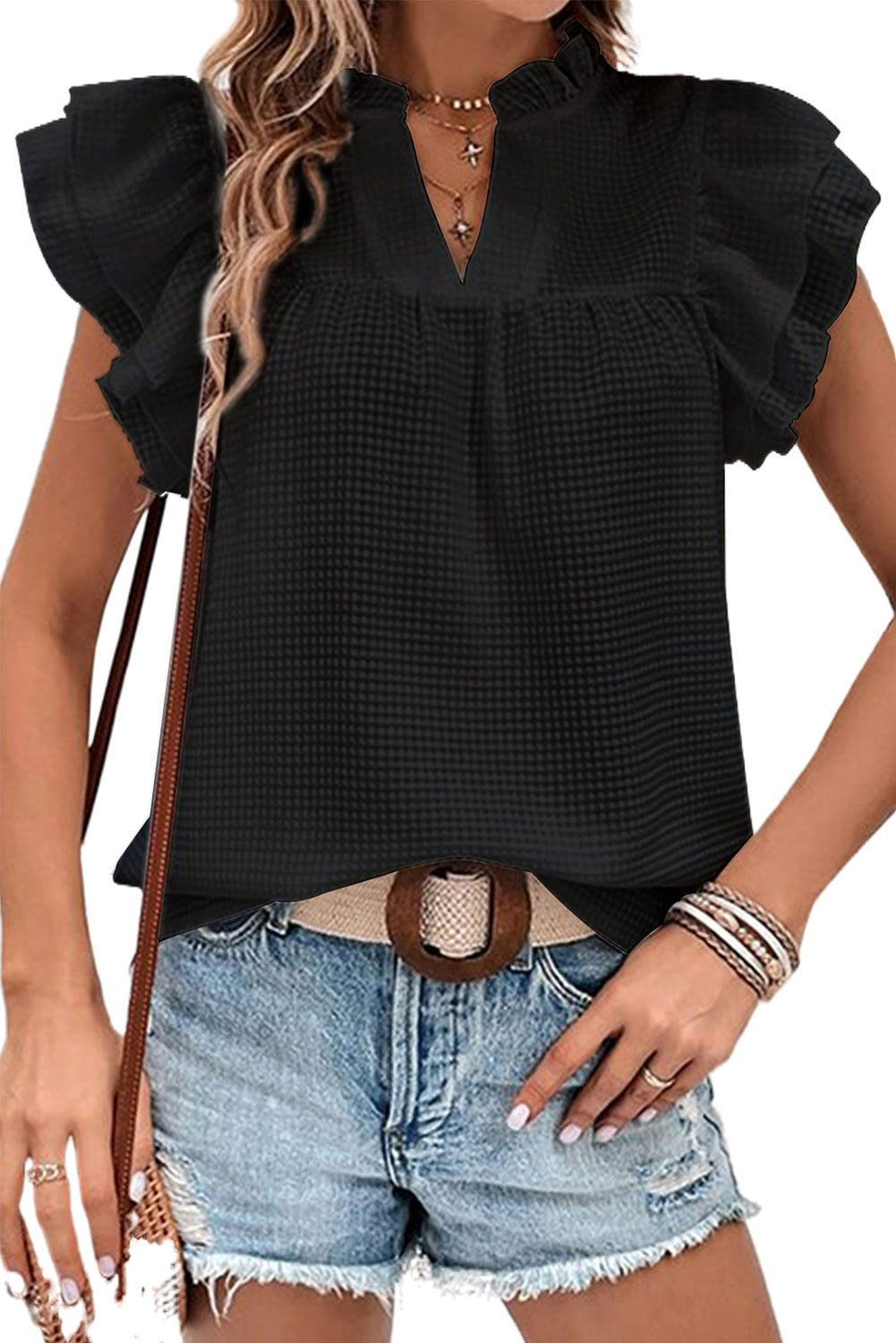 Black White Ruffle Accent Flutter Sleeve Notch Neck Top Tops & Tees JT's Designer Fashion