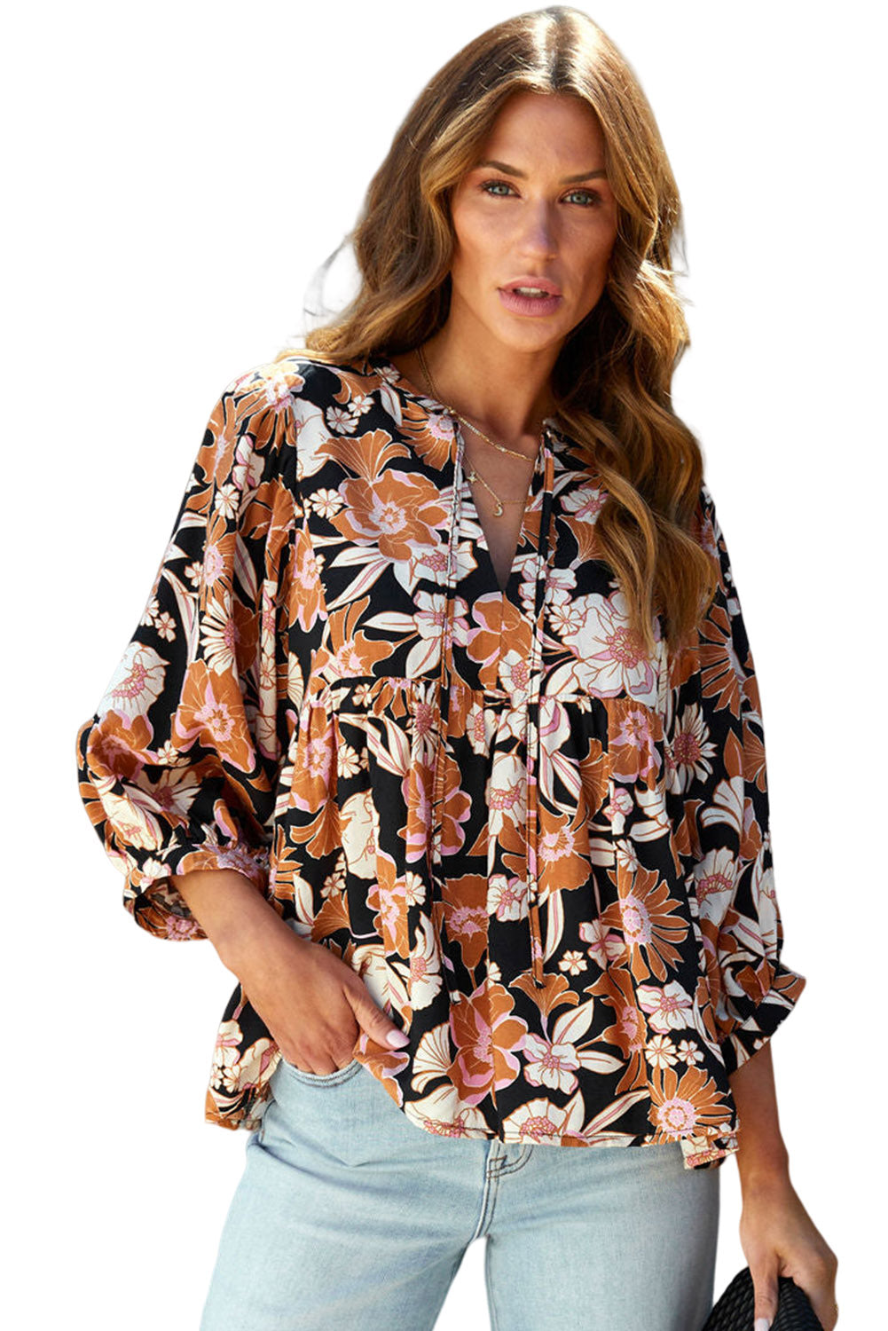 Brown Tie Split Neck Floral 3/4 Sleeve Babydoll Blouse Tops & Tees JT's Designer Fashion