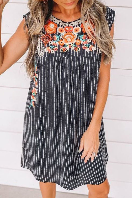 Blue Embroidered Striped Print Sleeveless Mini Dress Mini Dresses JT's Designer Fashion