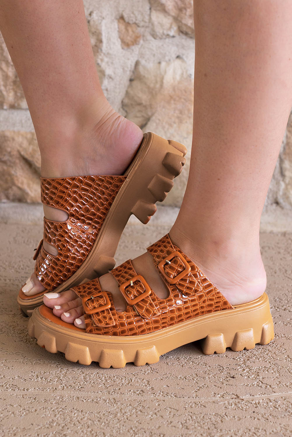 Brown Dotty Buckle Straps Gladiator Platform Slippers Slippers JT's Designer Fashion