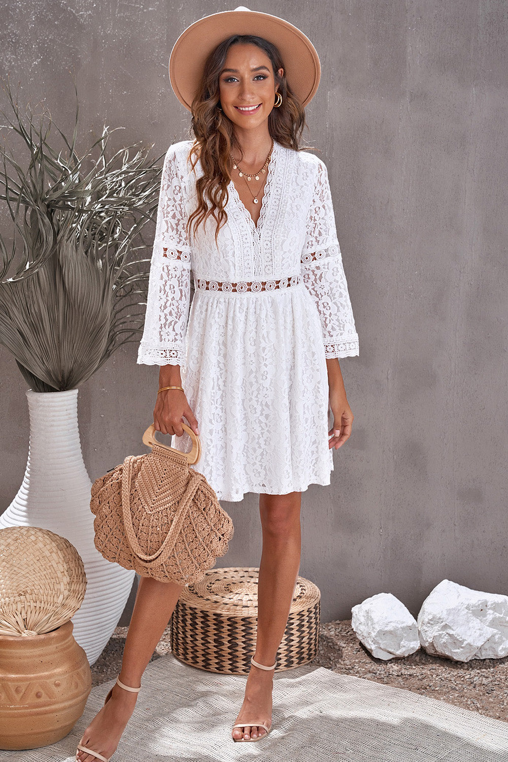 White Lace V Neck See-through Sleeve Mini Dress Mini Dresses JT's Designer Fashion