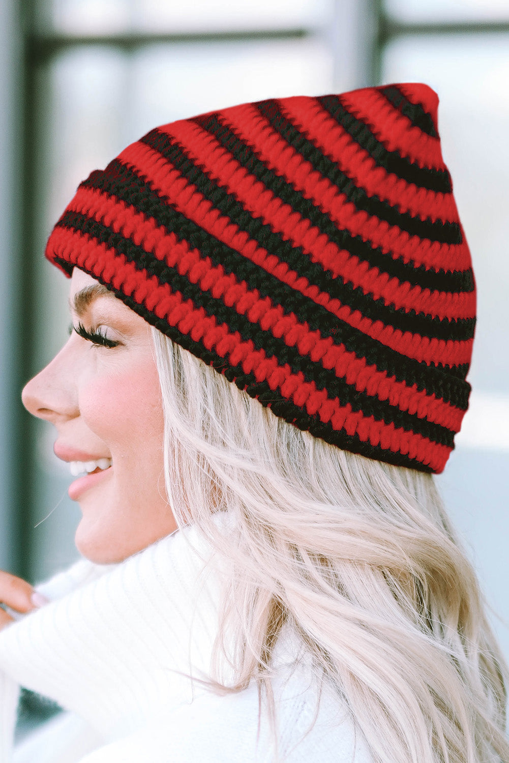 Red Cute Striped Cat-Ear Knit Beanie Hat Hats & Caps JT's Designer Fashion