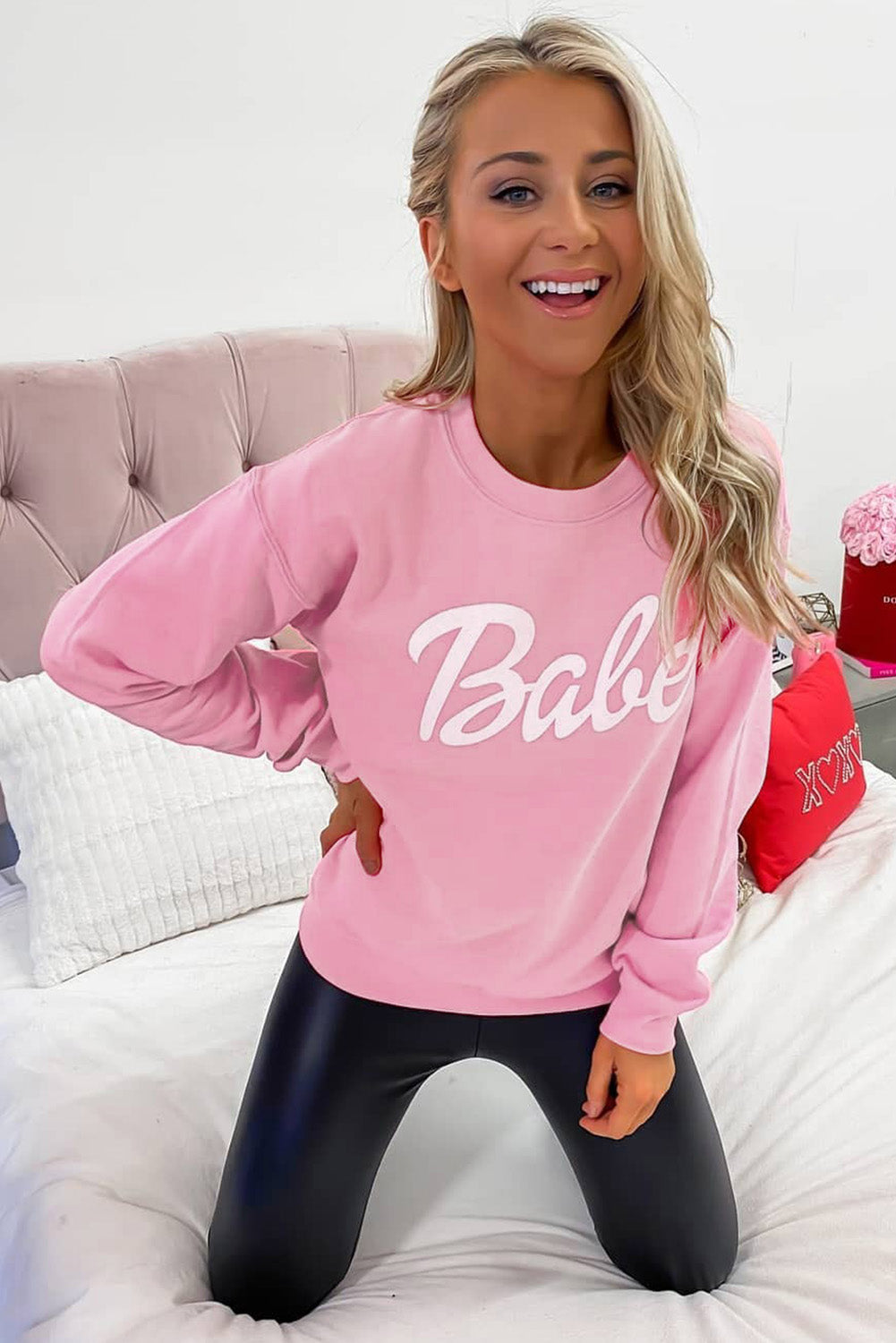 Pink Letters Print Ribbed Knit Trim Sweatshirt Graphic Sweatshirts JT's Designer Fashion