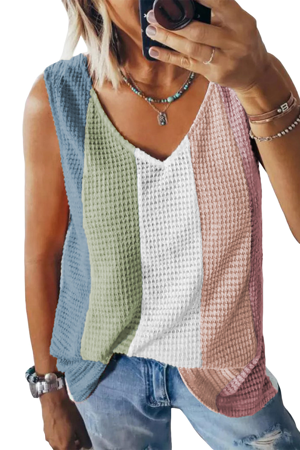 Color Block V-Neck Waffle Knit Tank Top Tank Tops JT's Designer Fashion