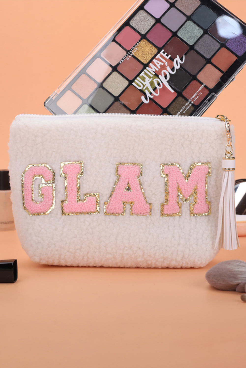 White Sparkle Letter Pattern Tassel Zipper Makeup Bag Other Accessories JT's Designer Fashion