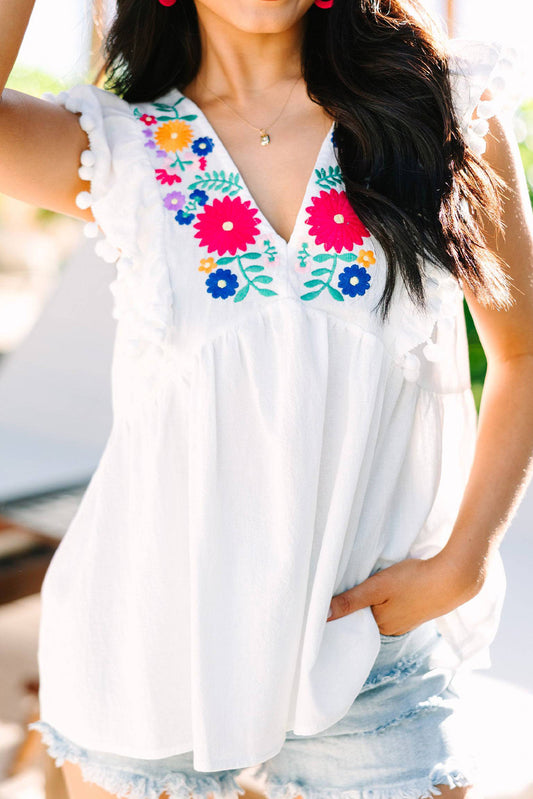 White Floral Embroidered Pompom Flutter Blouse Blouses & Shirts JT's Designer Fashion