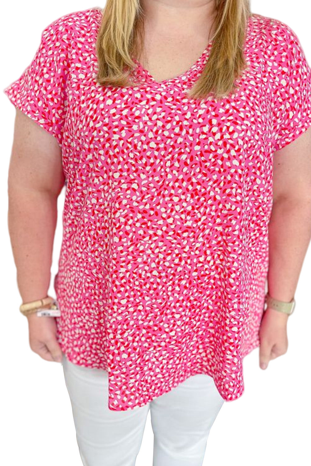 Pink Spot Print Short Sleeve V-Neck Plus Size Blouse Plus Size Tops JT's Designer Fashion