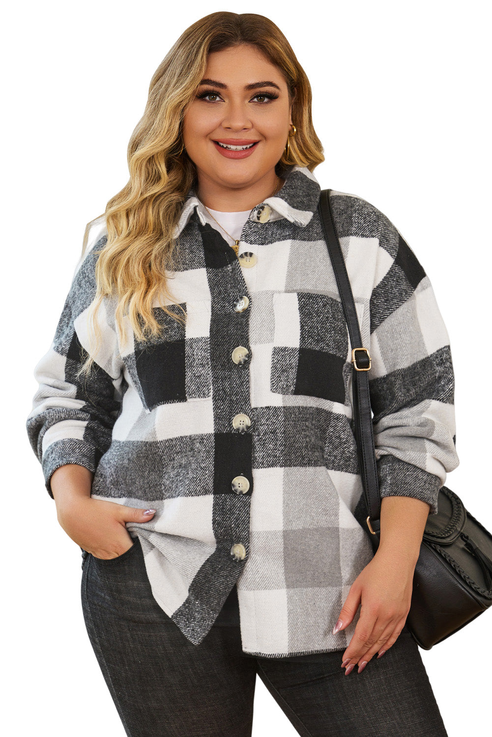 Gray Plus Size Checkered Button-Up Shacket Plus Size JT's Designer Fashion