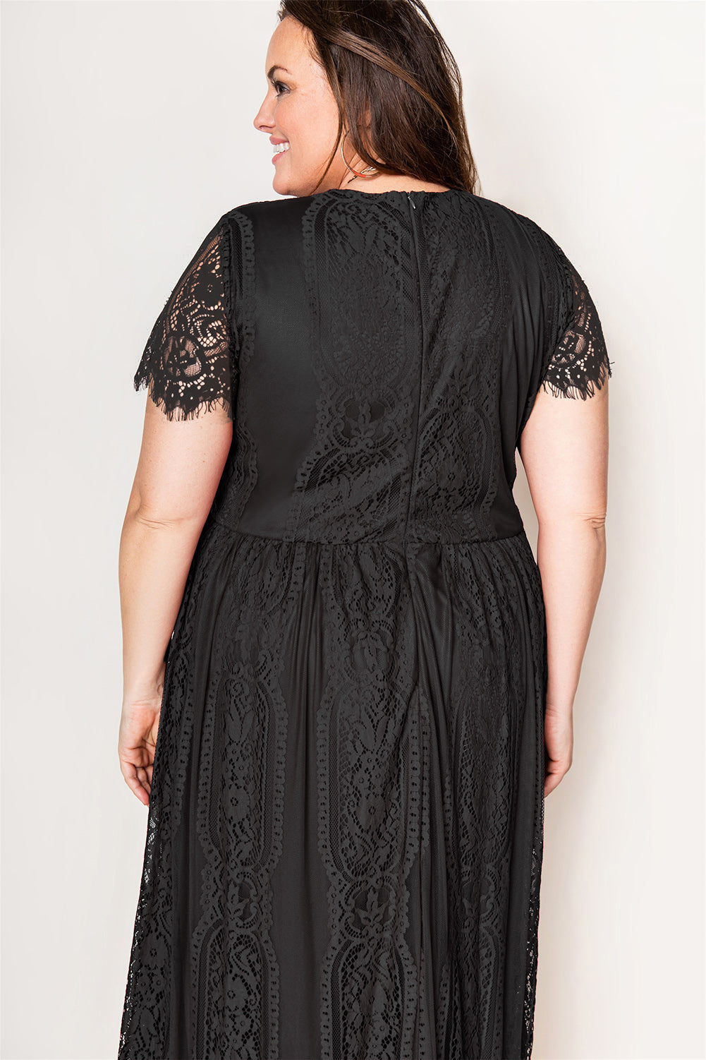 Black Eyelash Lace Short Sleeve Curvy Maxi Dress Plus Size Dresses JT's Designer Fashion