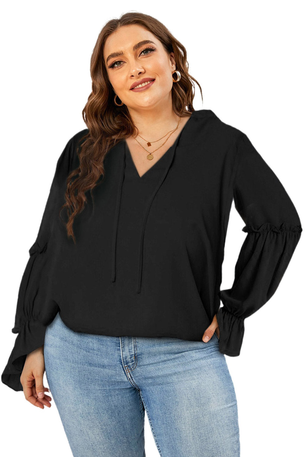 Black Plus Size Split Neck Ruffle Sleeve Blouse Plus Size JT's Designer Fashion