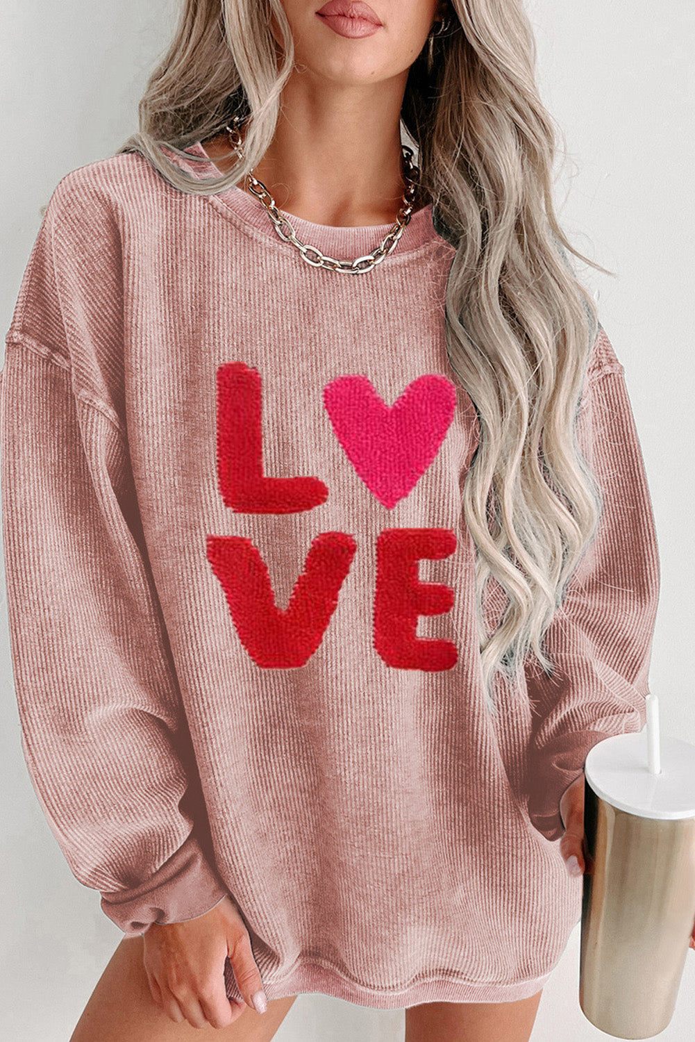 Pink Valentines LOVE Graphic Corded Baggy Sweatshirt Pink 100%Polyester Graphic Sweatshirts JT's Designer Fashion