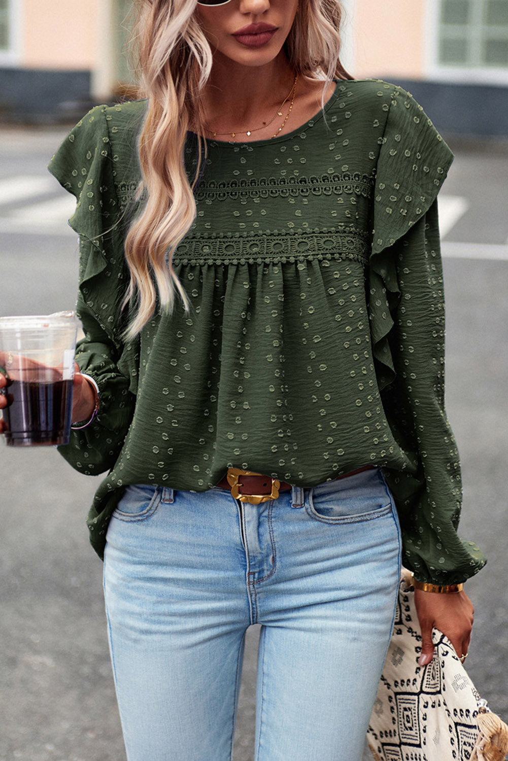 Blackish Green Lace Eyelet Ruffle Shoulder Long Sleeve Blouse Tops & Tees JT's Designer Fashion