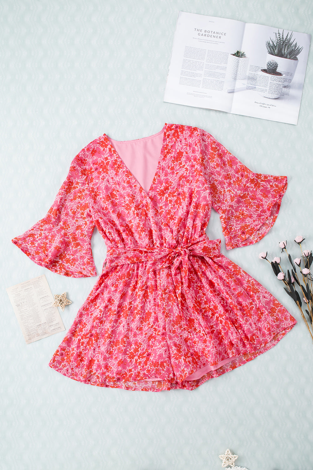 Pink V Neck Ruffled Sleeve Floral Romper Jumpsuits & Rompers JT's Designer Fashion