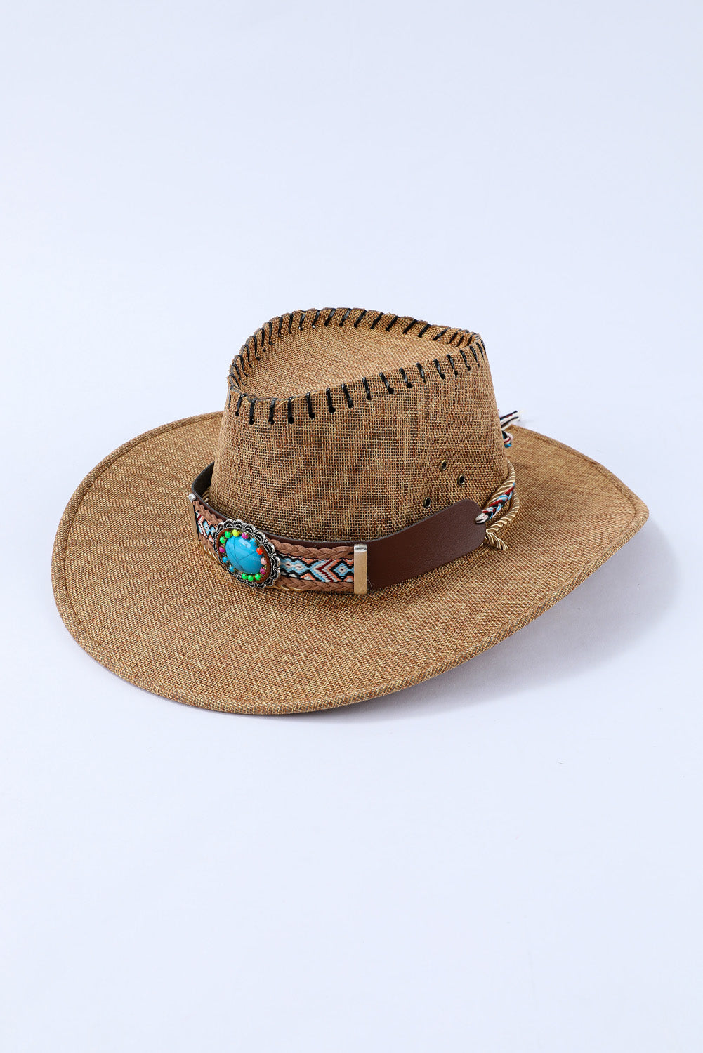 Khaki Turquoise Woven Decor Western Cowboy Jazz Hat Hats & Caps JT's Designer Fashion