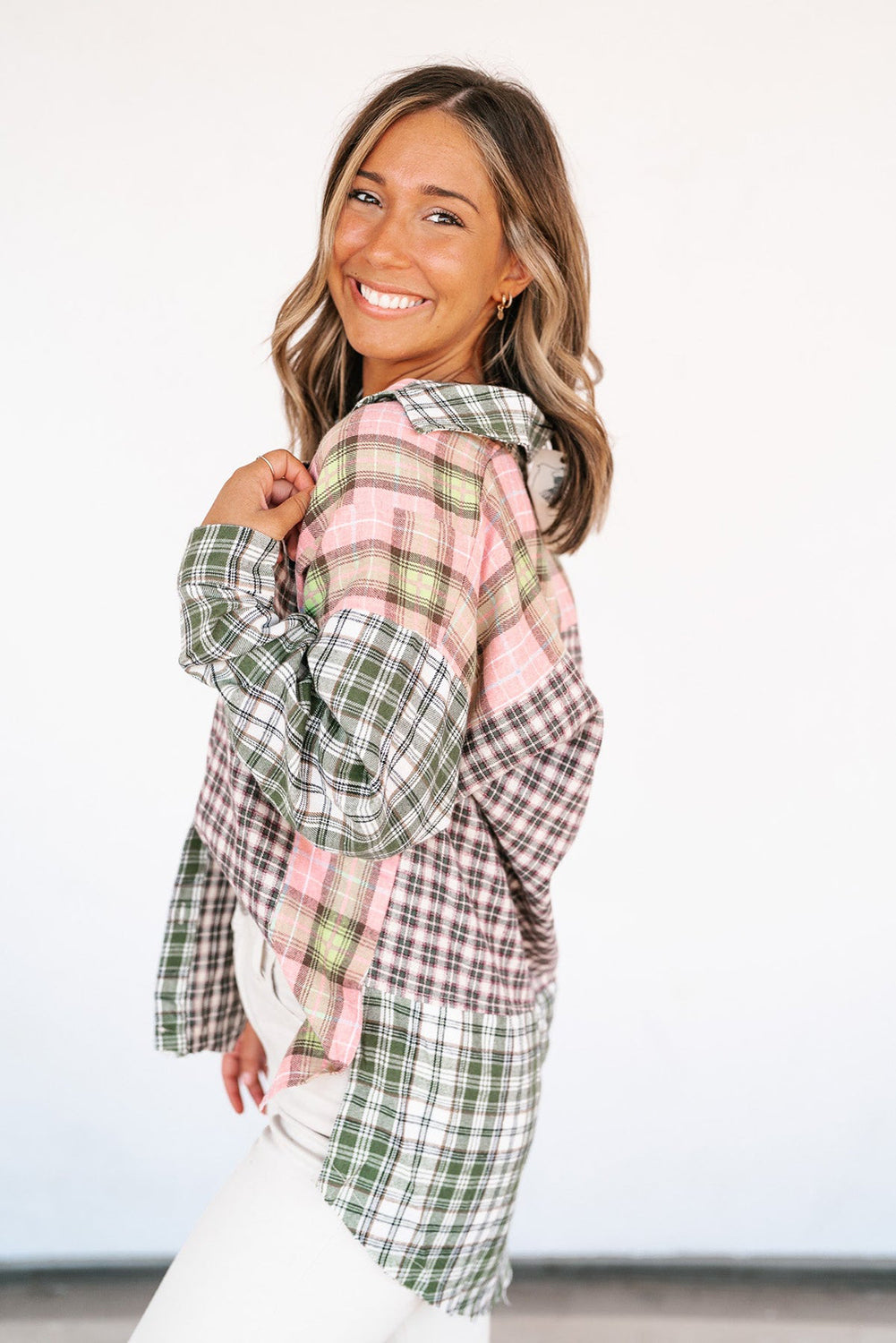 Multicolor Plaid Patchwork High Low Oversized Shirt Tops & Tees JT's Designer Fashion