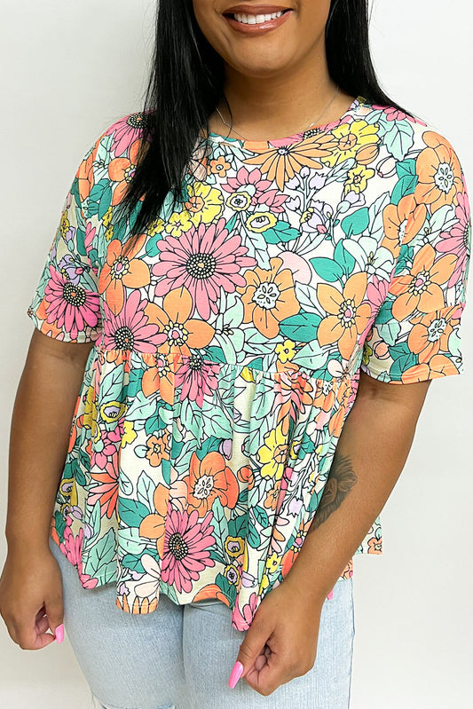 Multicolor Plus Size Floral Print Short Sleeve Flowy Top Multicolor 95%Polyester+5%Elastane Plus Size Tops JT's Designer Fashion