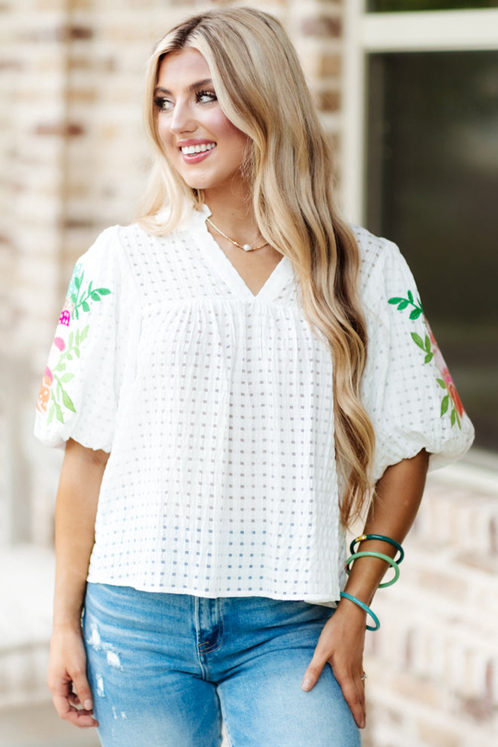 White Floral Embroidered Puff Sleeve Notched Neck Blouse Tops & Tees JT's Designer Fashion