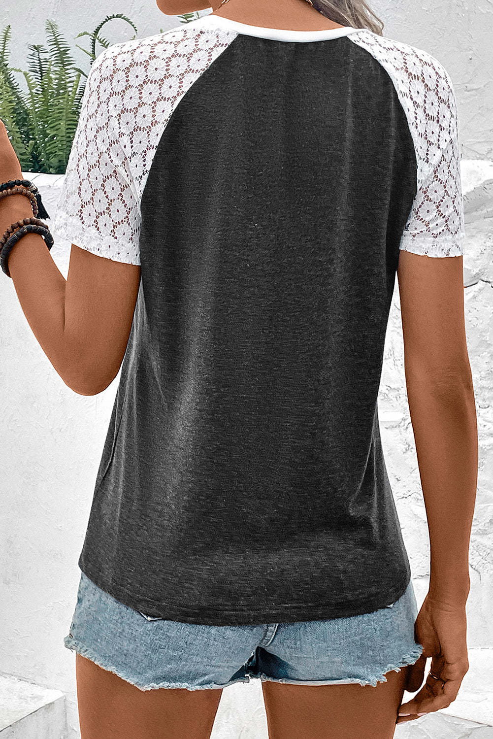 Gray Color Block Lace Patchwork Short Sleeve T Shirt Tops & Tees JT's Designer Fashion