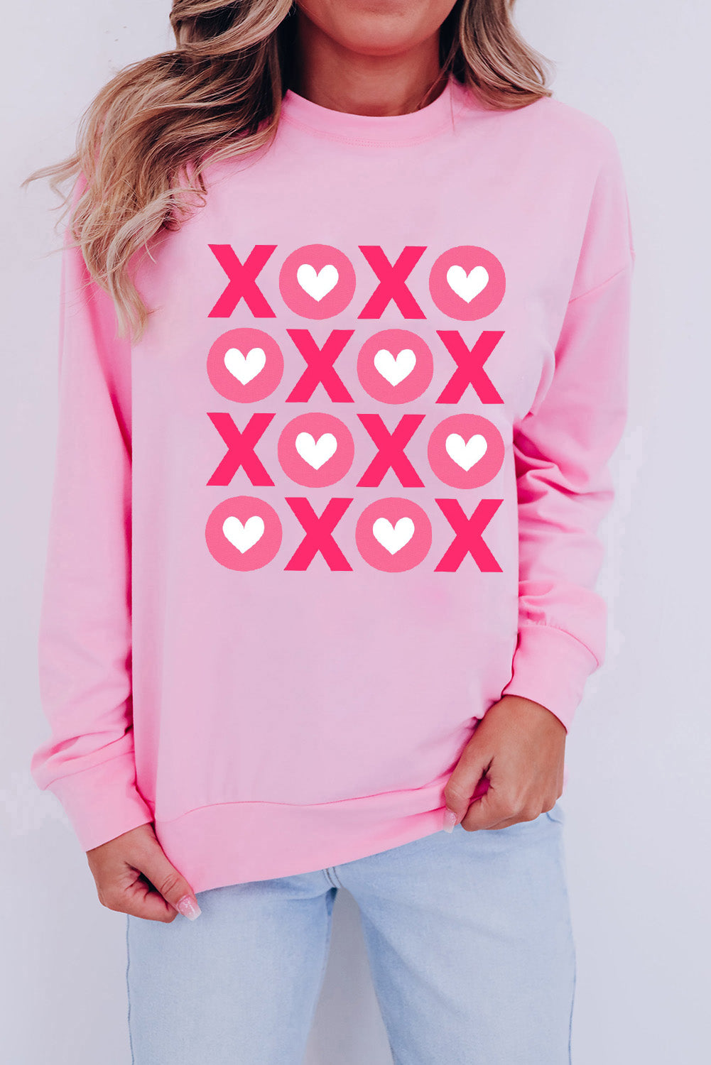 Pink XOXO Heart Print O Neck Drop Shoulder Sweatshirt Pink 70%Polyester+30%Cotton Graphic Sweatshirts JT's Designer Fashion