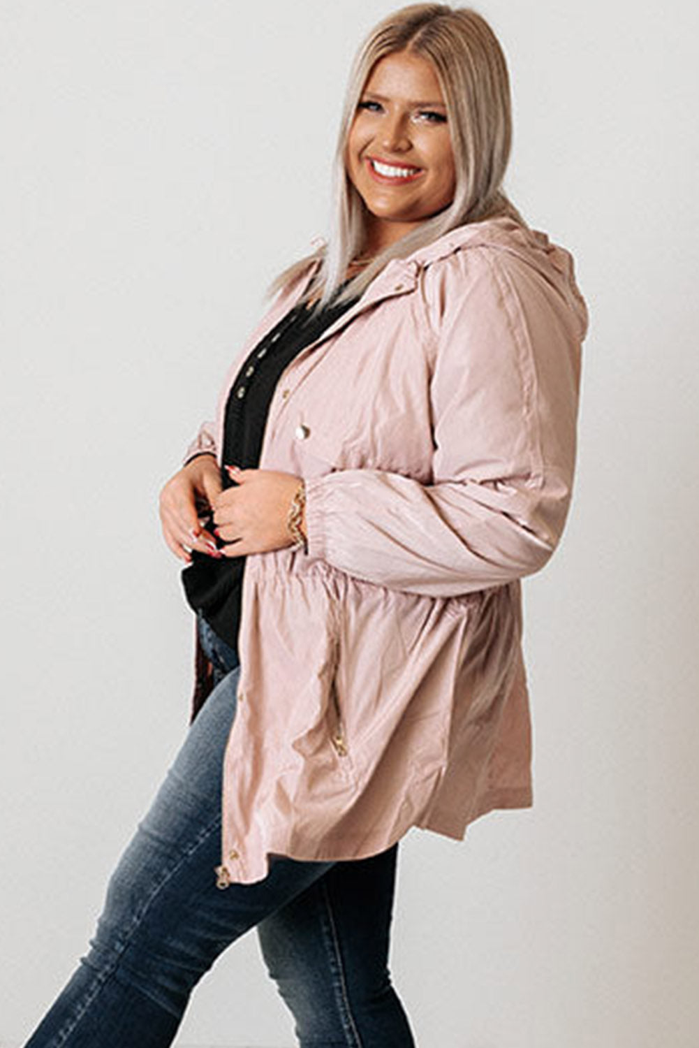 Pink Plus Size Lightweight Zipped Pockets Windproof Hooded Jacket Plus Size JT's Designer Fashion