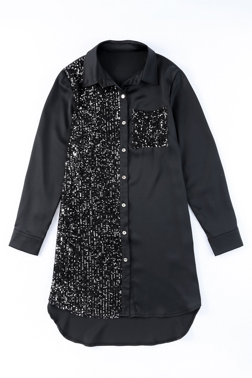 Black Sequin Splicing Pocket Buttoned Shirt Dress Mini Dresses JT's Designer Fashion