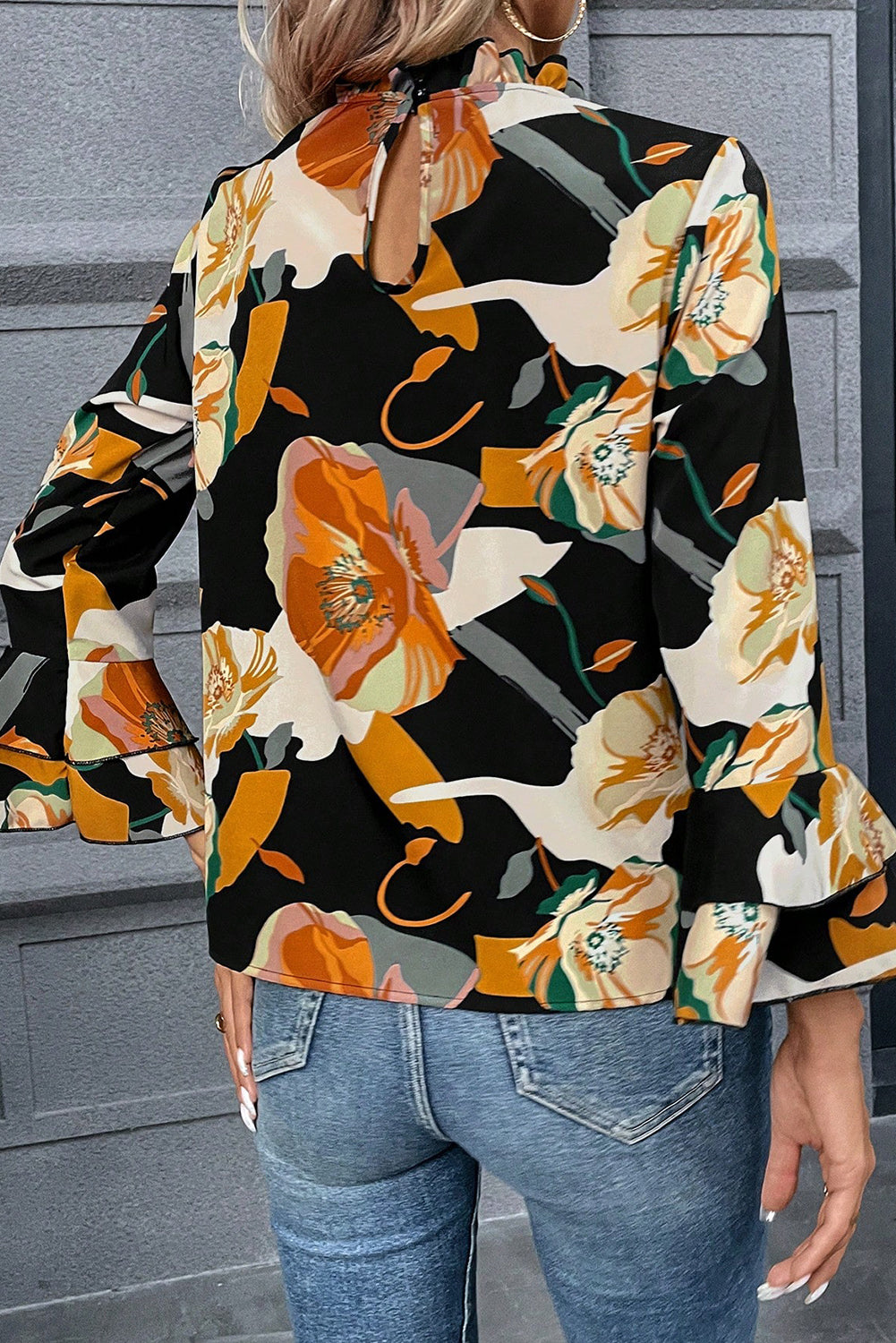 Orange Double Flounce Sleeve Floral Blouse Tops & Tees JT's Designer Fashion