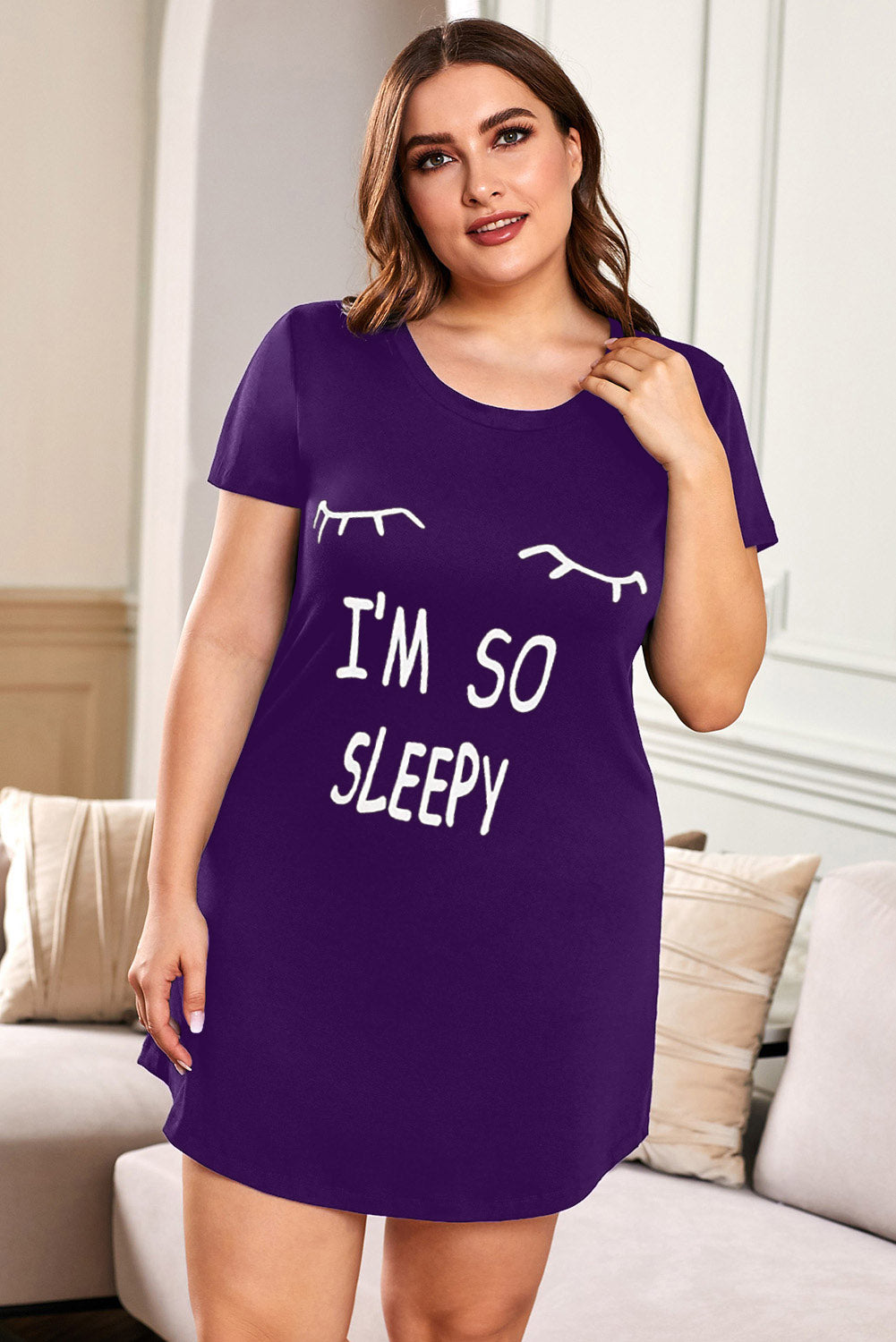 Purple Plus size LET ME SLEEP Graphic Print Black Nightwear Mini Dress Plus Size Dresses JT's Designer Fashion