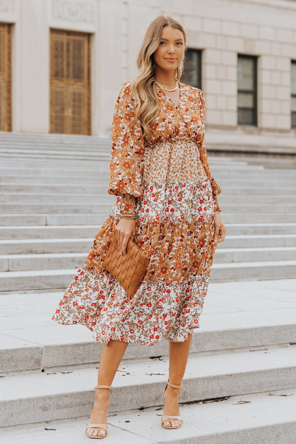 Orange Mix Floral Patchwork Frill Tiered Dress Floral Dresses JT's Designer Fashion