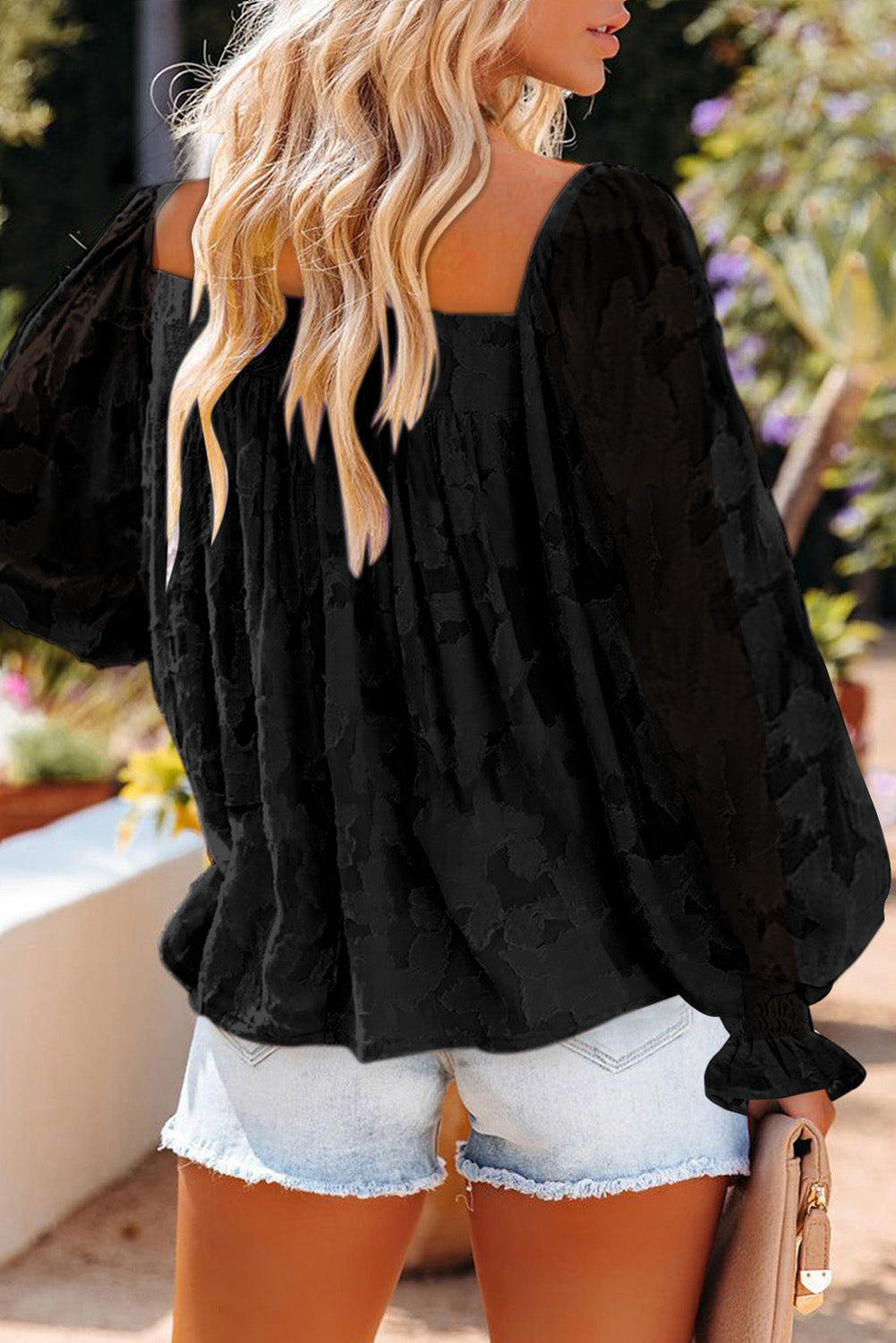 Black Square Neck Floral Textured Blouse Blouses & Shirts JT's Designer Fashion