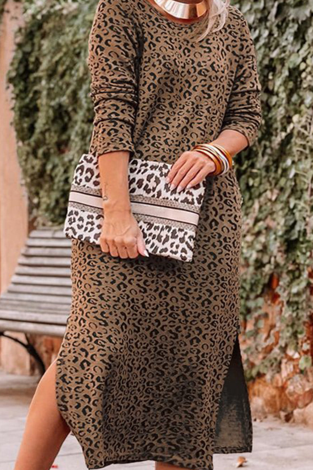 Printed Plus Size Leopard Long Sleeve Split Dress Plus Size JT's Designer Fashion