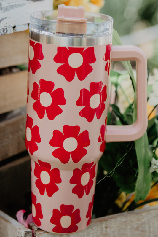 Red Flower Print Stainless Steel Water Bottle with Handle Tumblers JT's Designer Fashion