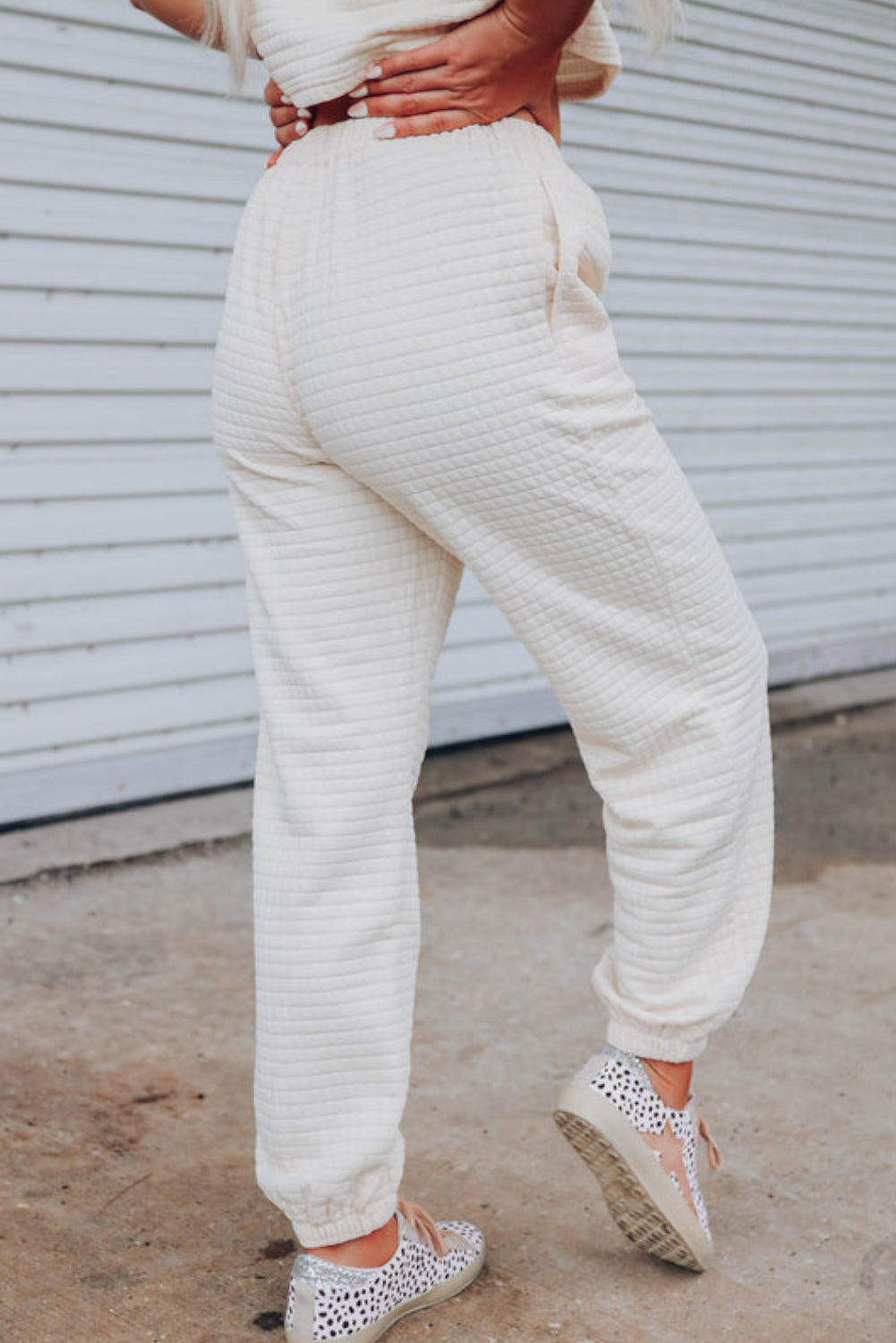 White Lattice Textured Cropped Tee and Jogger Pants Set Bottoms JT's Designer Fashion