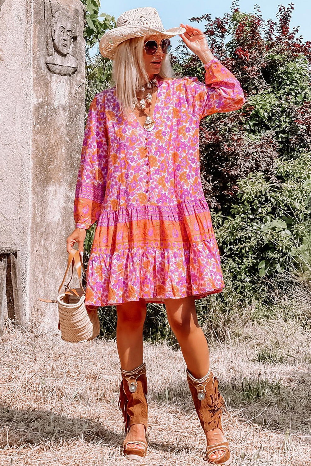 Rose Boho Floral Puff Sleeve V-Neck Ruffled Dress Dresses JT's Designer Fashion