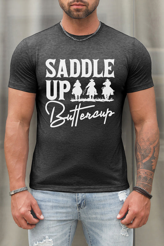 Dark Gray SADDLE UP Letter Graphic Print Short Sleeve Men's T-shirt Gray 62%Polyester+32Cotton+6%Elastane Men's Tops JT's Designer Fashion