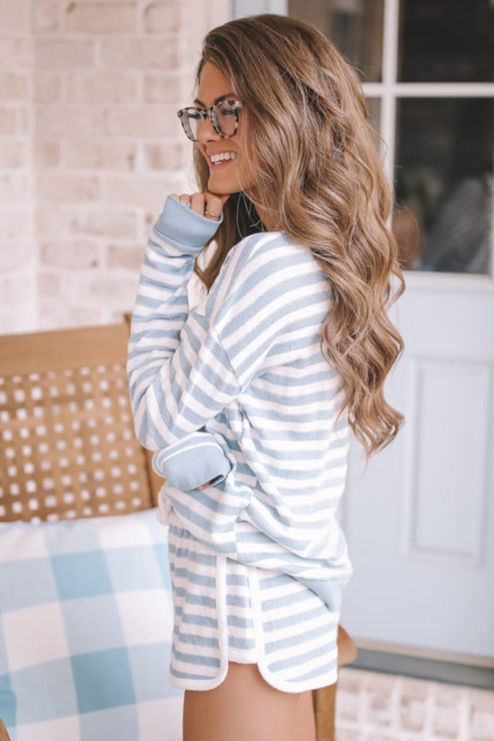 Sky Blue Stripe Long Sleeve Top Drawstring Shorts Plus Lounge Set Plus Size JT's Designer Fashion