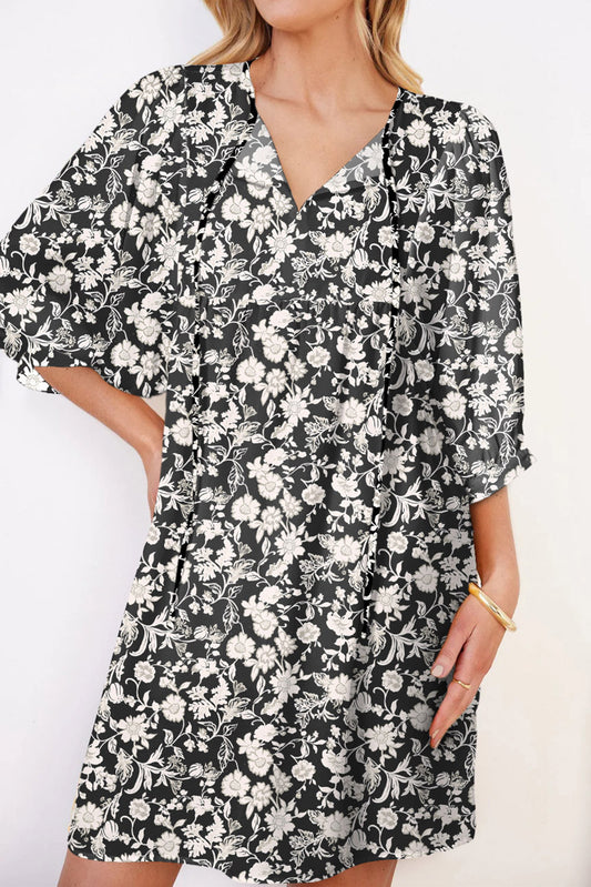 Black V Neck Quarter Sleeve Flowy Floral Dress Dresses JT's Designer Fashion