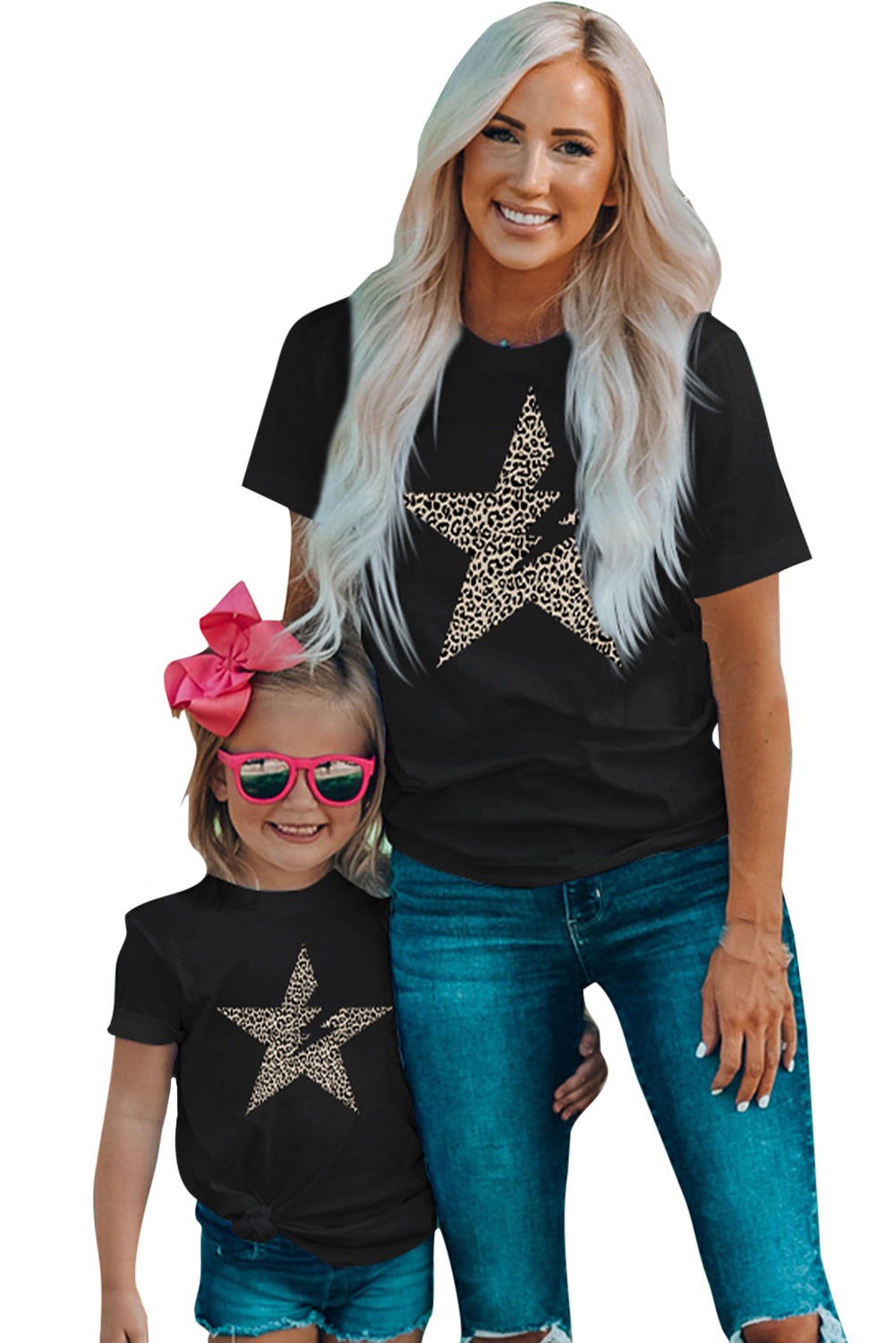 Black Leopard Star Lightning Print Short Sleeve Graphic Tee Family T-shirts JT's Designer Fashion