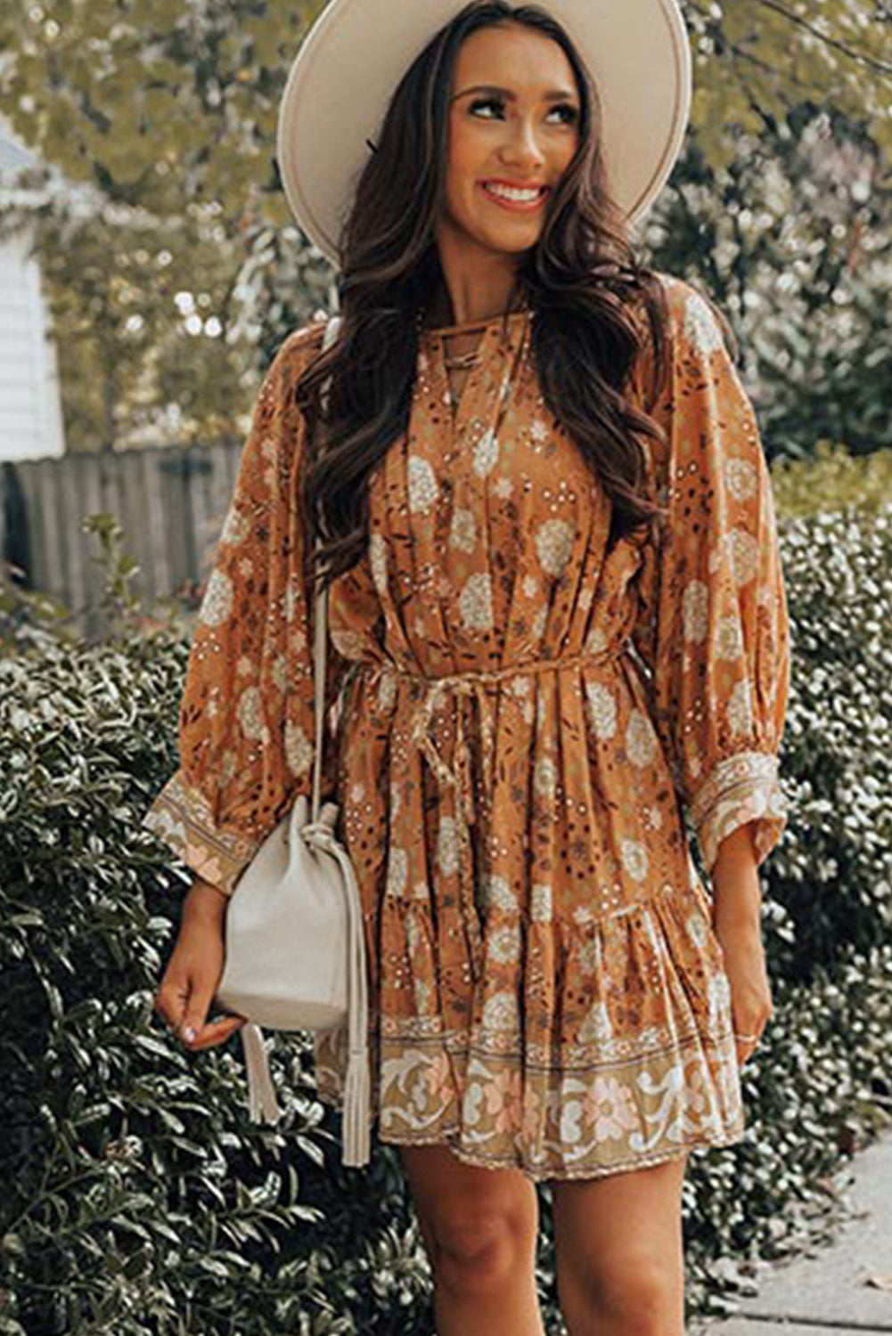 Camel 3/4 Sleeve Tie Waist Pleated Short Boho Floral Dress Dresses JT's Designer Fashion