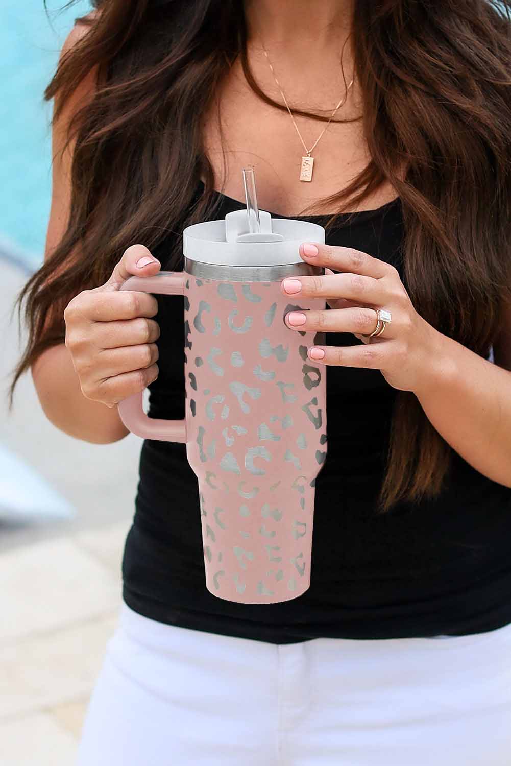 Pink Leopard Print 40OZ Stainless Steel Portable Cup with Handle Tumblers JT's Designer Fashion