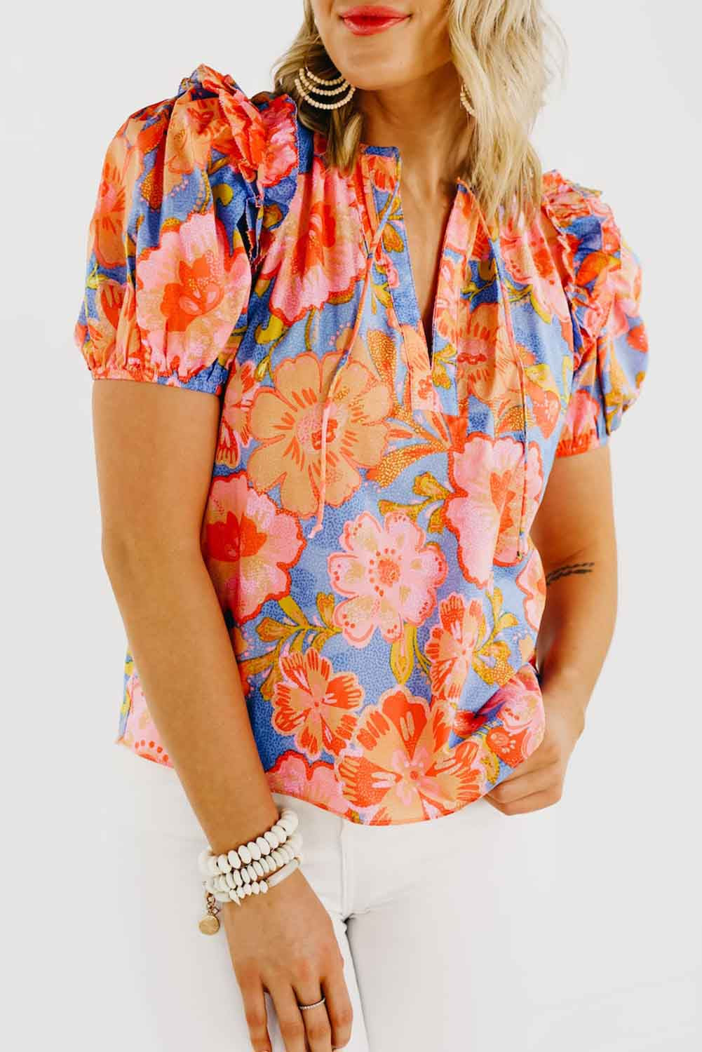 Multicolor Floral Bubble Sleeve V-Neck Plus Size Blouse Plus Size JT's Designer Fashion