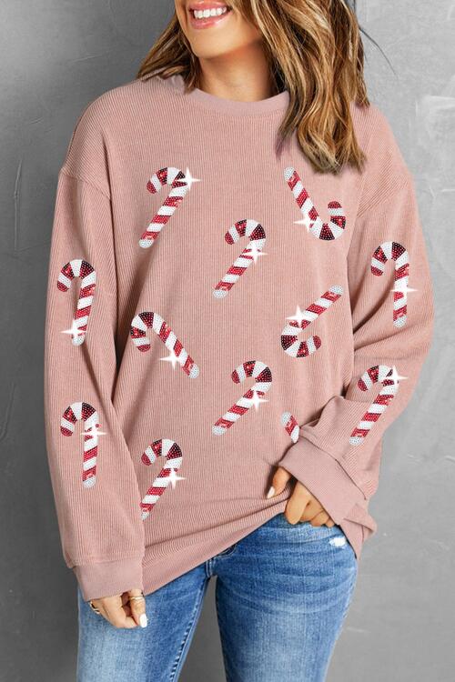 Sequin Candy Cane Round Neck Sweatshirt Graphic Sweatshirts JT's Designer Fashion