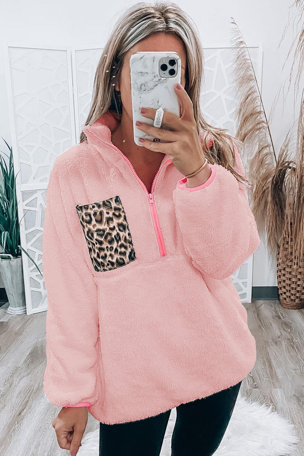 Light Pink Leopard Patch Pocket Half Zipped Fleece Sweatshirt Pre Order Sweatshirts & Hoodies JT's Designer Fashion