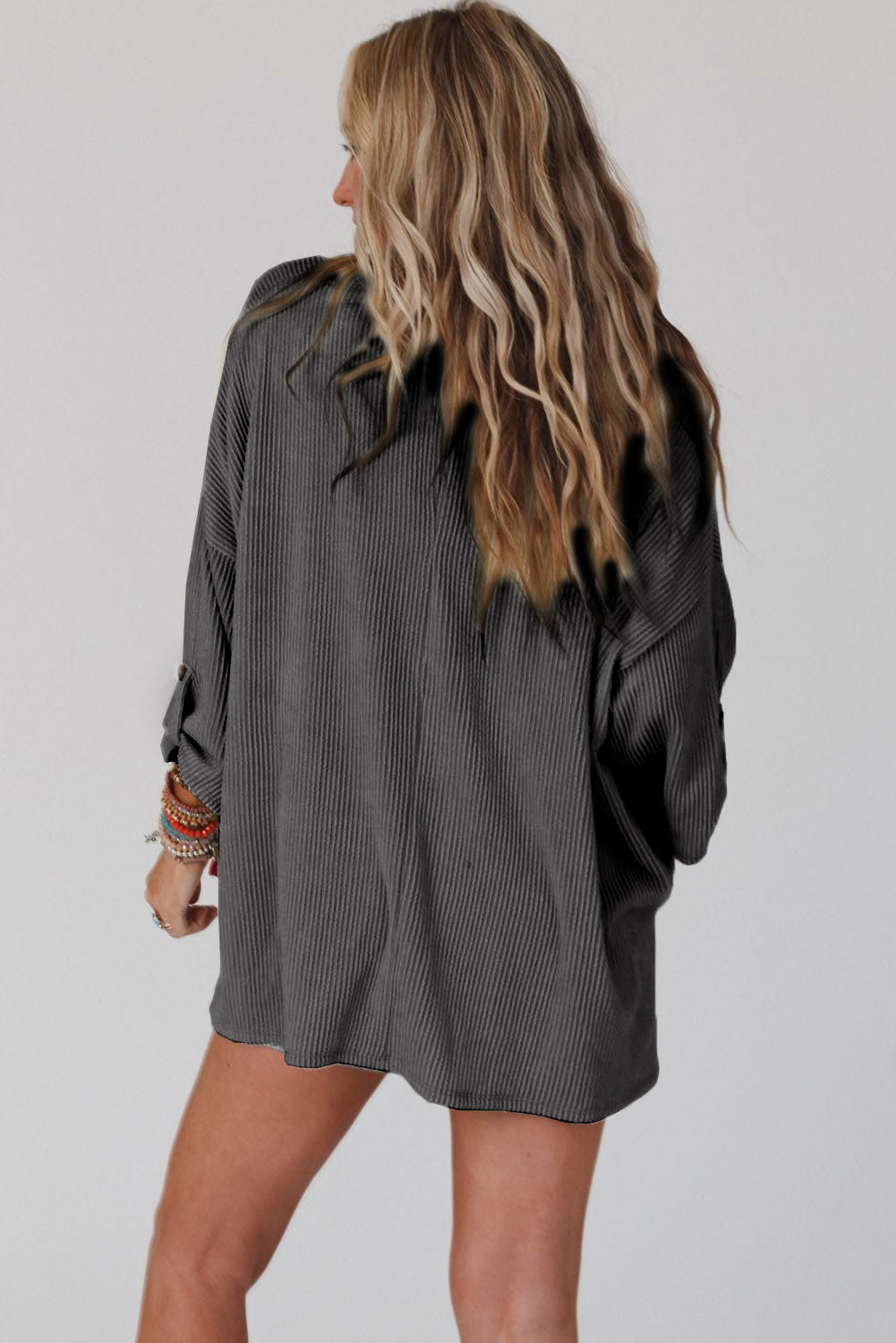 Dark Gray Ribbed Roll-tab Sleeve Chest Pocket Oversize Top Long Sleeve Tops JT's Designer Fashion