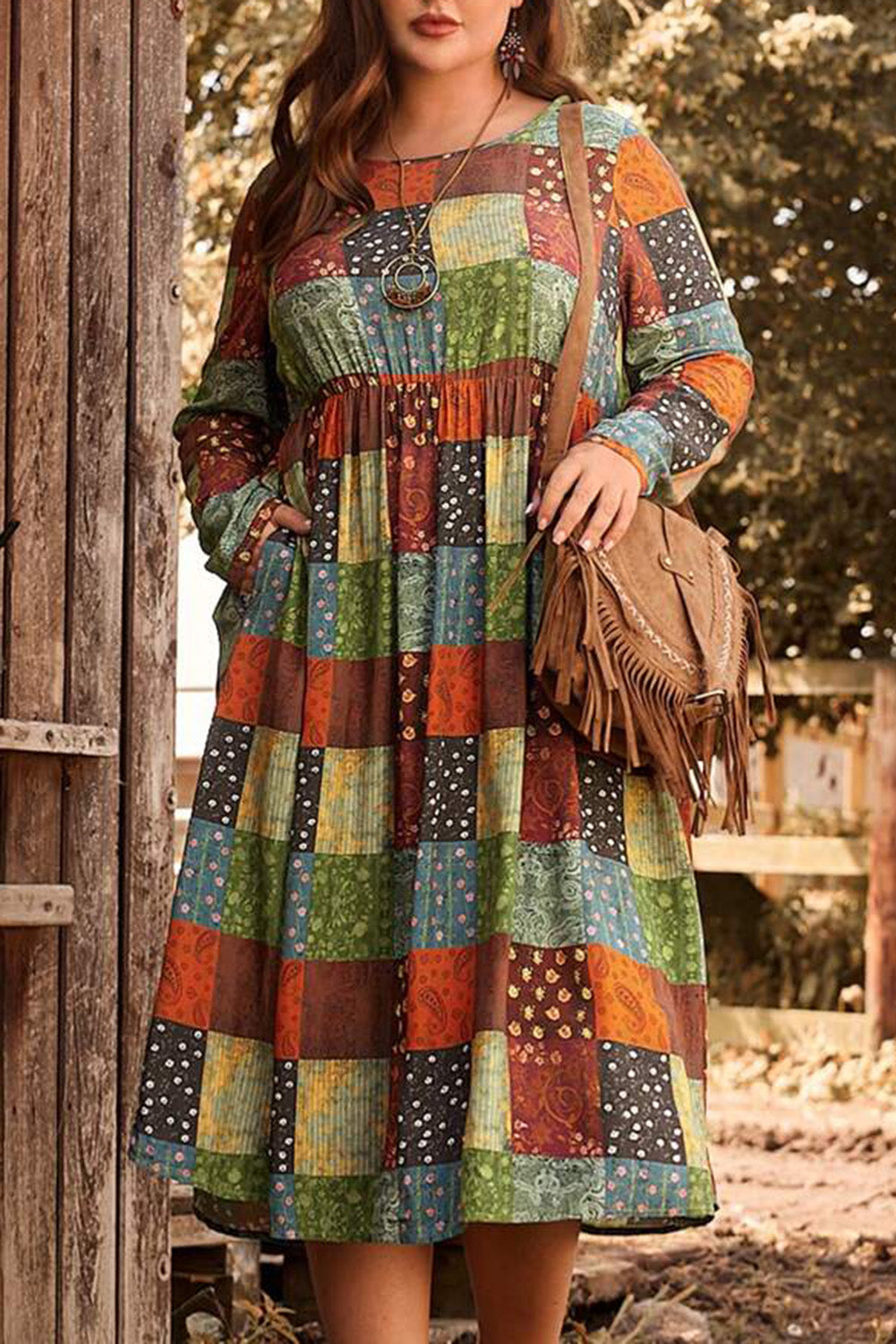 Green Printed Checkered Patchwork Print Plus Size Swing Dress Plus Size JT's Designer Fashion