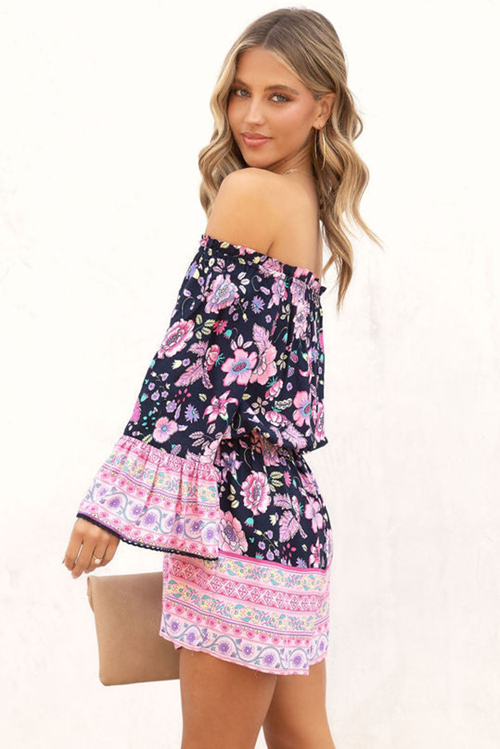 Blue Floral Patchwork High Waist Off Shoulder Romper Jumpsuits & Rompers JT's Designer Fashion